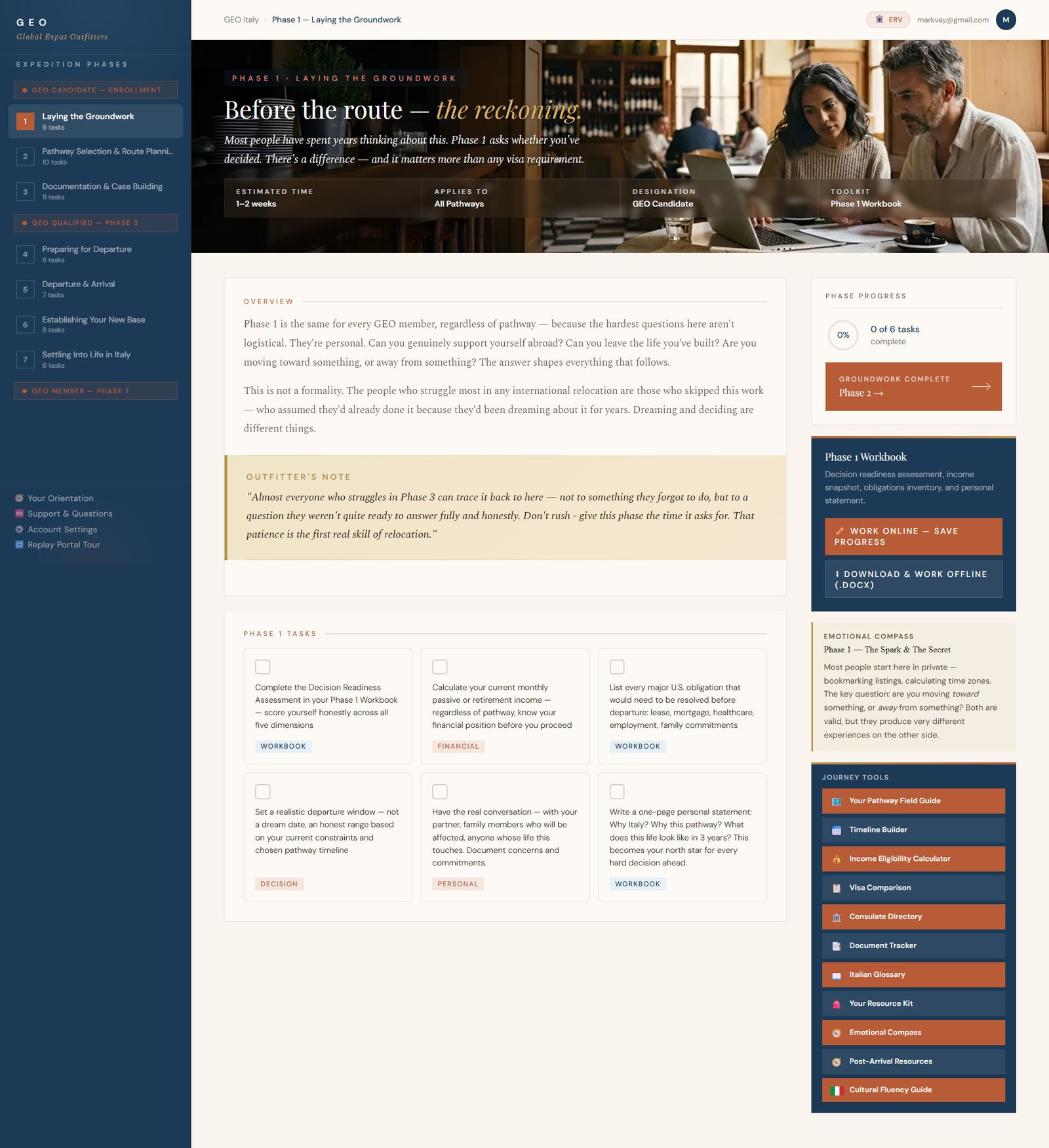 The GEO Italy member portal, Phase 1 dashboard