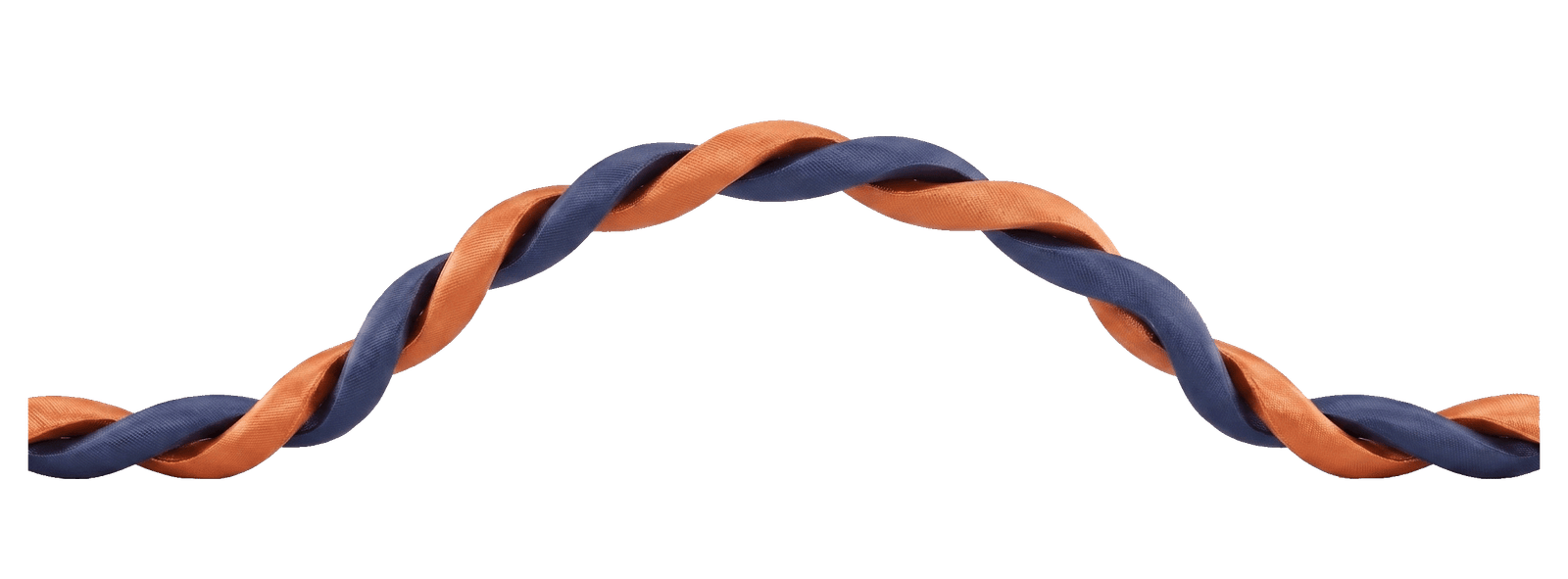 Navy and terracotta ribbons twisted together in an arc &mdash; representing the practical and emotional tracks intertwined across the relocation journey.
